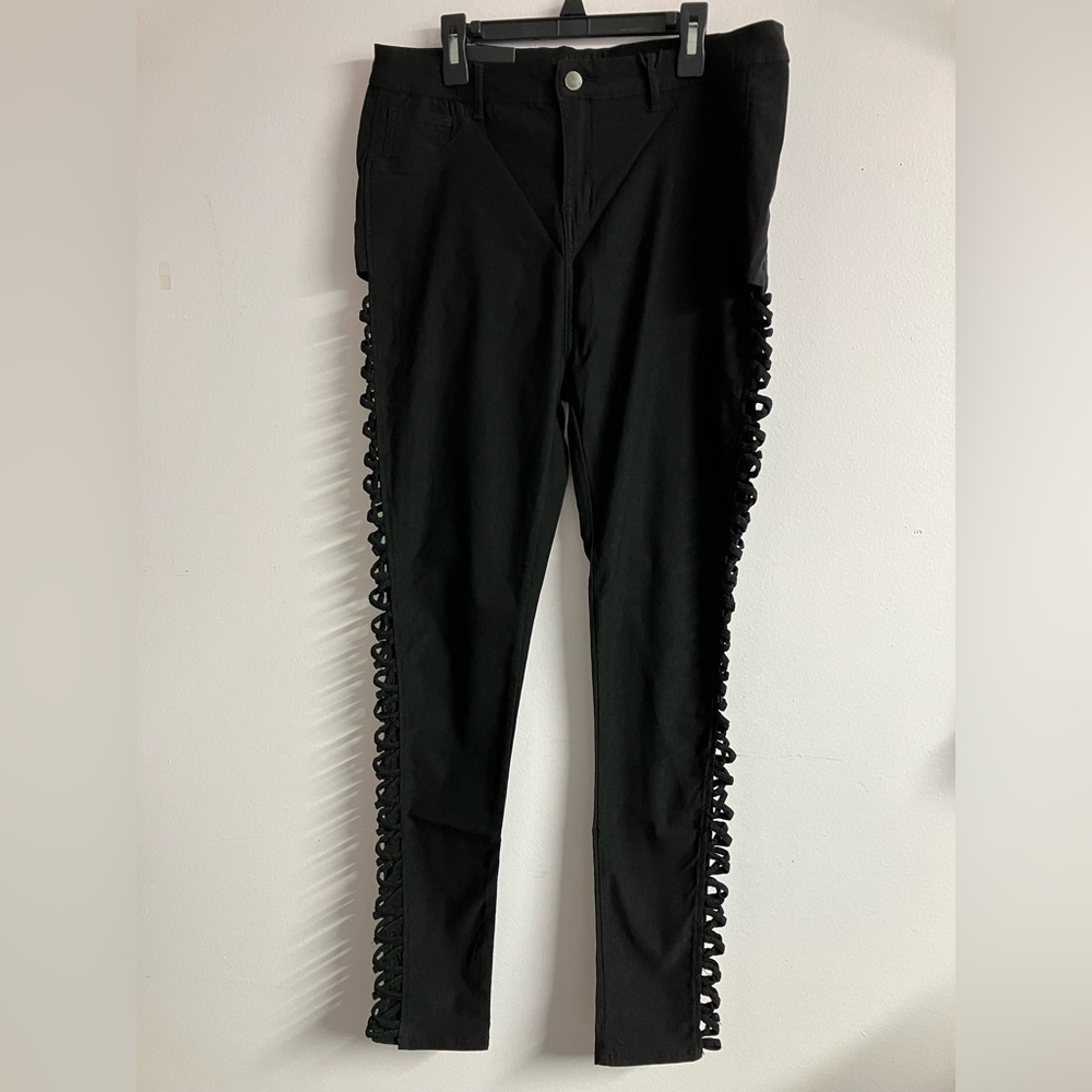 American Bazi Women’s Super Skinny High Rise Jeggings, 1X, Black, NWT, Cut Outs